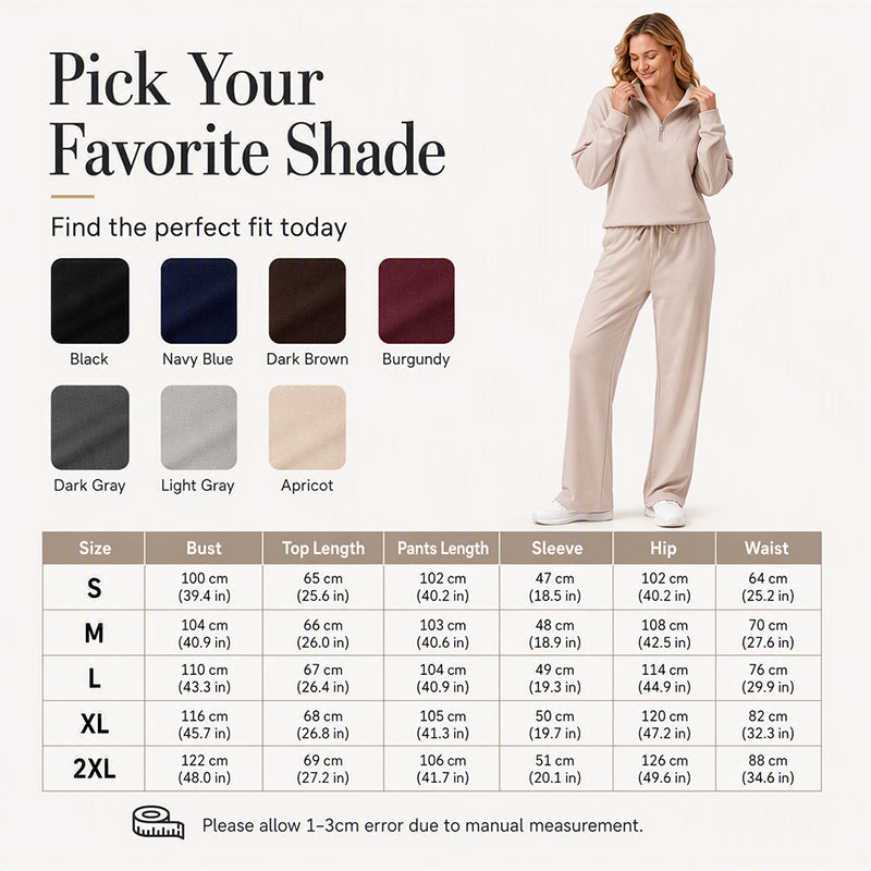 Women's Half-Zip Lapel Top and Wide-Leg Pants Set