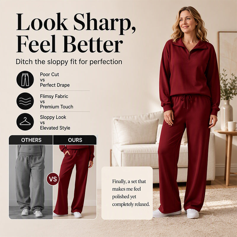 Women's Half-Zip Lapel Top and Wide-Leg Pants Set
