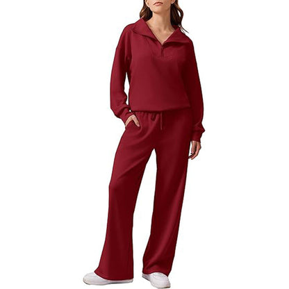 Women's Half-Zip Lapel Top and Wide-Leg Pants Set