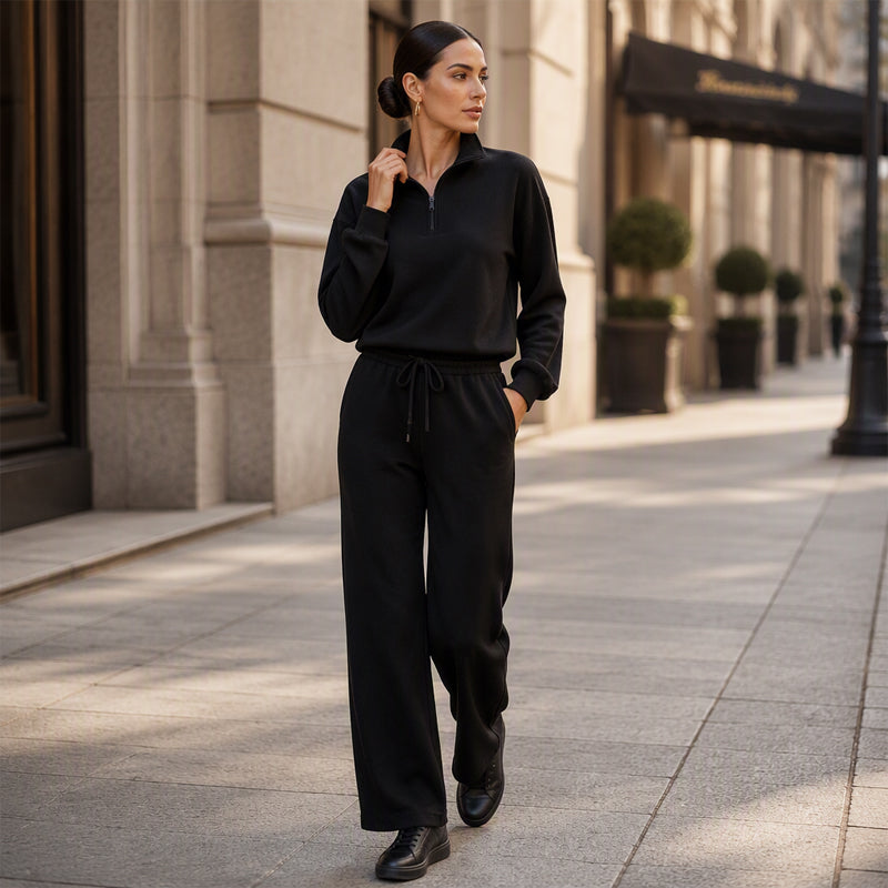 Women's Half-Zip Lapel Top and Wide-Leg Pants Set