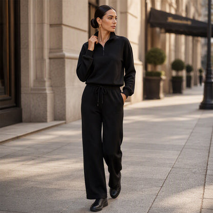 Women's Half-Zip Lapel Top and Wide-Leg Pants Set