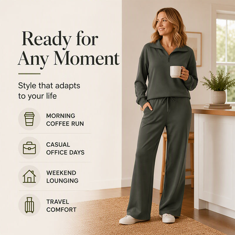 Women's Half-Zip Lapel Top and Wide-Leg Pants Set