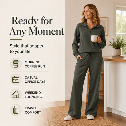 Women's Half-Zip Lapel Top and Wide-Leg Pants Set