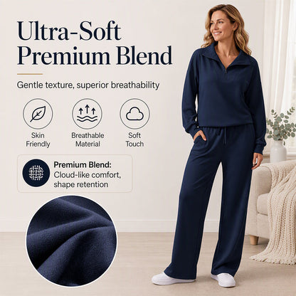 Women's Half-Zip Lapel Top and Wide-Leg Pants Set