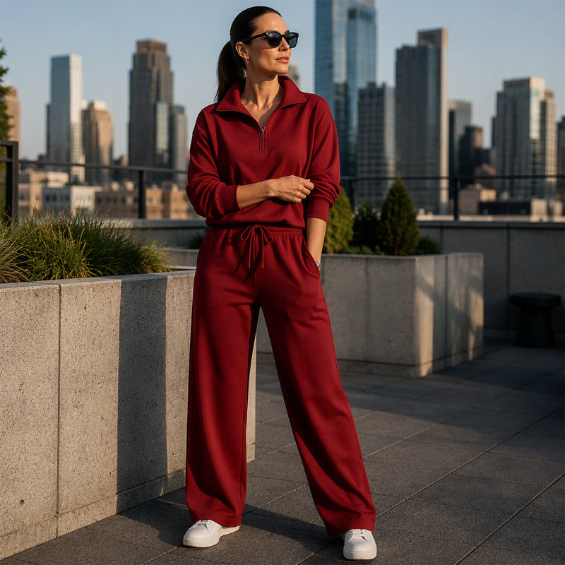 Women's Half-Zip Lapel Top and Wide-Leg Pants Set