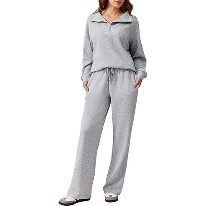 Women's Half-Zip Lapel Top and Wide-Leg Pants Set