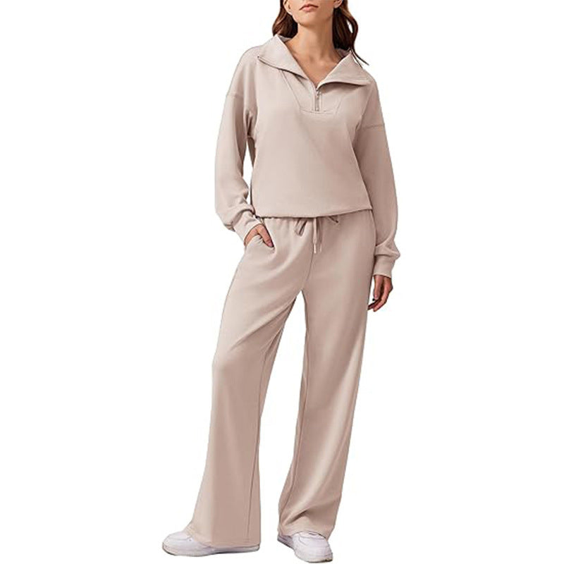Women's Half-Zip Lapel Top and Wide-Leg Pants Set