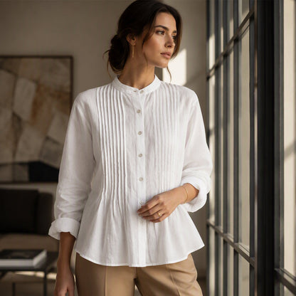 Women's Casual Stand Collar Pleated Shirt
