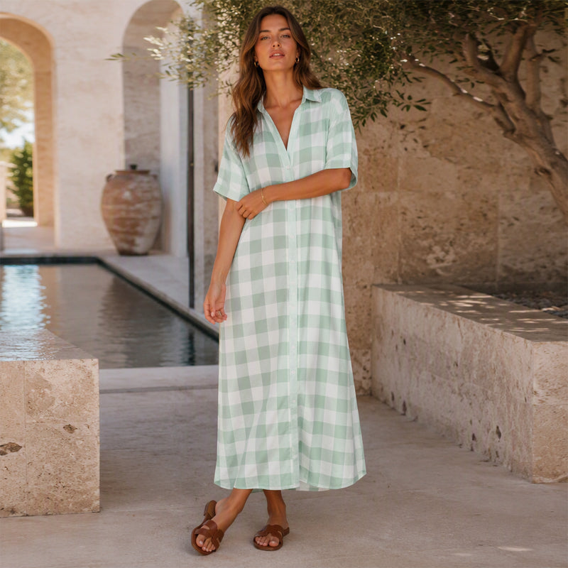 Women's Plaid Button-Down Maxi Shirt Dress