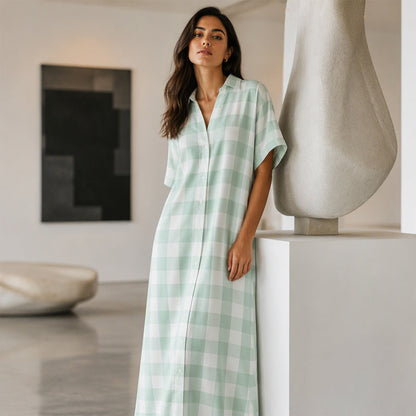 Women's Plaid Button-Down Maxi Shirt Dress