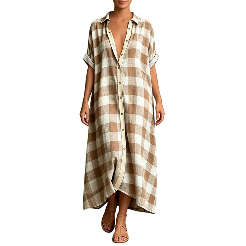 Women's Plaid Button-Down Maxi Shirt Dress