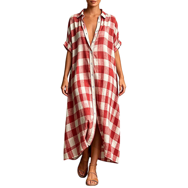 Women's Plaid Button-Down Maxi Shirt Dress