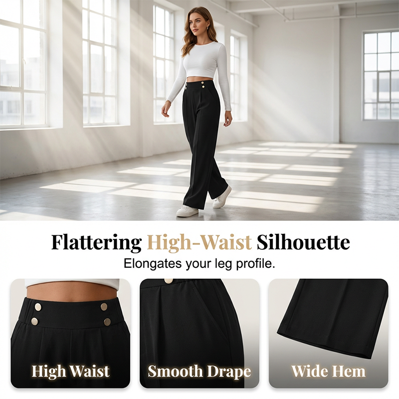 Must-Have🔥👖 Tailored High-Waist Trousers with 4 Metallic Buttons – Sculpted Waist & Wrinkle-Resistant Comfort for Work or Weekend