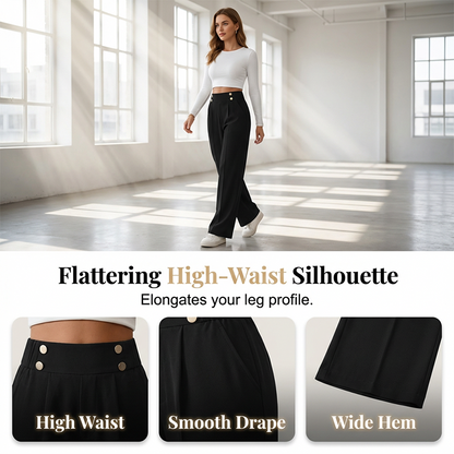 Must-Have🔥👖 Tailored High-Waist Trousers with 4 Metallic Buttons – Sculpted Waist & Wrinkle-Resistant Comfort for Work or Weekend