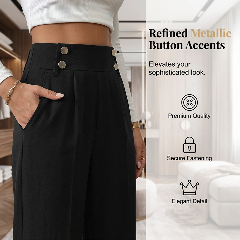 Must-Have🔥👖 Tailored High-Waist Trousers with 4 Metallic Buttons – Sculpted Waist & Wrinkle-Resistant Comfort for Work or Weekend
