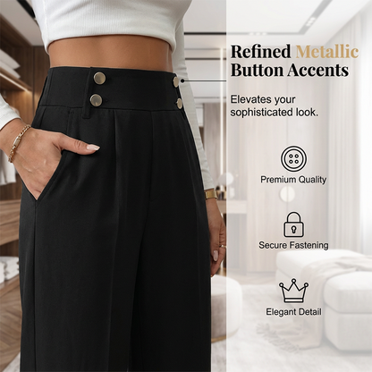 Must-Have🔥👖 Tailored High-Waist Trousers with 4 Metallic Buttons – Sculpted Waist & Wrinkle-Resistant Comfort for Work or Weekend