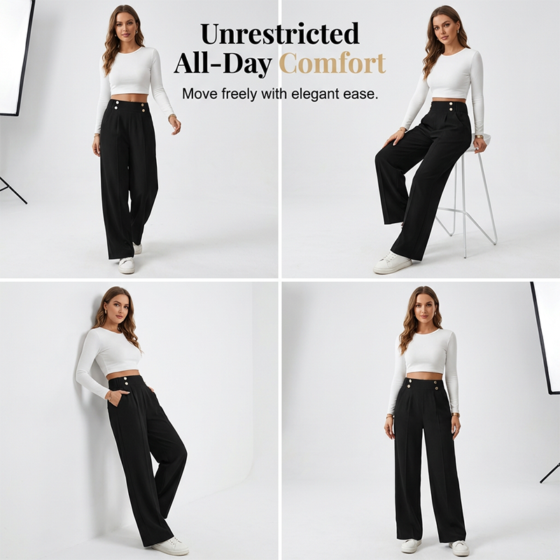Must-Have🔥👖 Tailored High-Waist Trousers with 4 Metallic Buttons – Sculpted Waist & Wrinkle-Resistant Comfort for Work or Weekend
