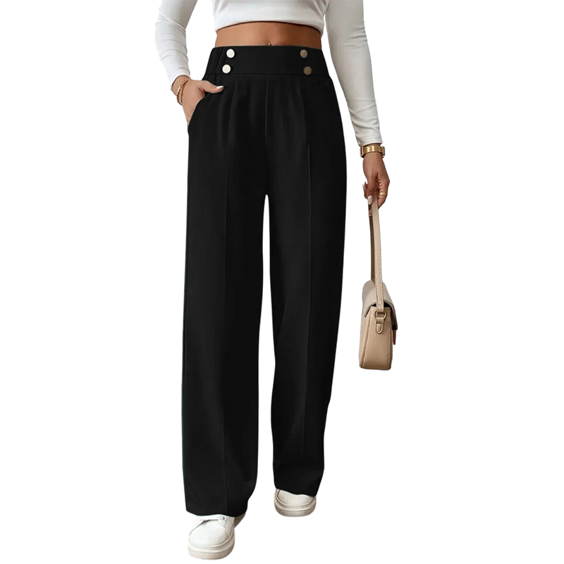 Must-Have🔥👖 Tailored High-Waist Trousers with 4 Metallic Buttons – Sculpted Waist & Wrinkle-Resistant Comfort for Work or Weekend