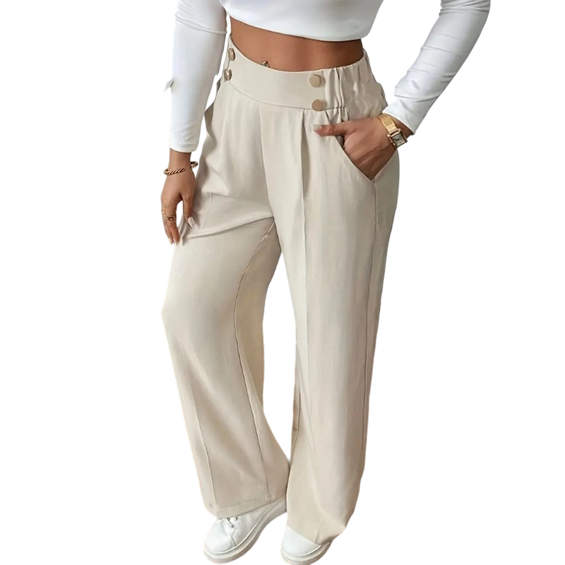 Must-Have🔥👖 Tailored High-Waist Trousers with 4 Metallic Buttons – Sculpted Waist & Wrinkle-Resistant Comfort for Work or Weekend