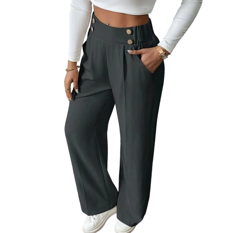 Must-Have🔥👖 Tailored High-Waist Trousers with 4 Metallic Buttons – Sculpted Waist & Wrinkle-Resistant Comfort for Work or Weekend