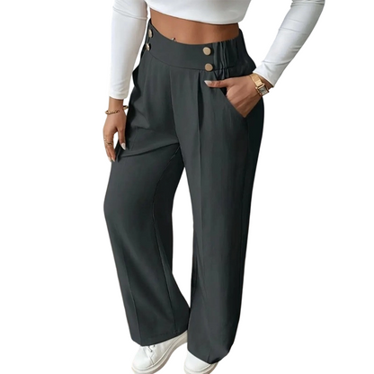 Must-Have🔥👖 Tailored High-Waist Trousers with 4 Metallic Buttons – Sculpted Waist & Wrinkle-Resistant Comfort for Work or Weekend