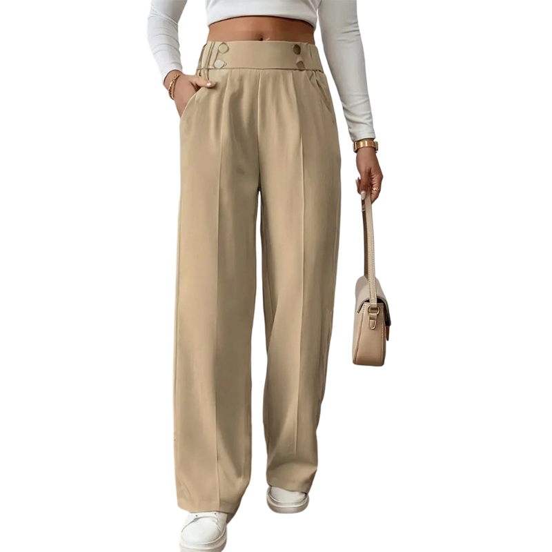 Must-Have🔥👖 Tailored High-Waist Trousers with 4 Metallic Buttons – Sculpted Waist & Wrinkle-Resistant Comfort for Work or Weekend