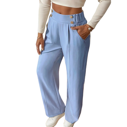 Must-Have🔥👖 Tailored High-Waist Trousers with 4 Metallic Buttons – Sculpted Waist & Wrinkle-Resistant Comfort for Work or Weekend