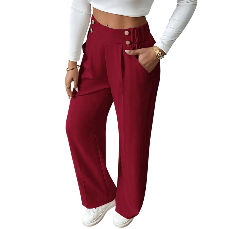 Must-Have🔥👖 Tailored High-Waist Trousers with 4 Metallic Buttons – Sculpted Waist & Wrinkle-Resistant Comfort for Work or Weekend