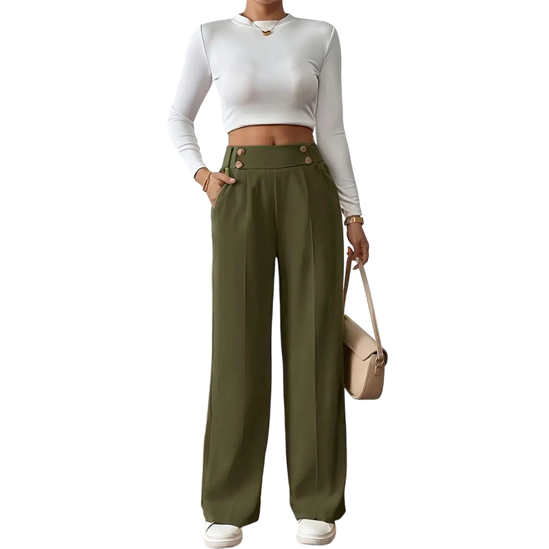 Must-Have🔥👖 Tailored High-Waist Trousers with 4 Metallic Buttons – Sculpted Waist & Wrinkle-Resistant Comfort for Work or Weekend