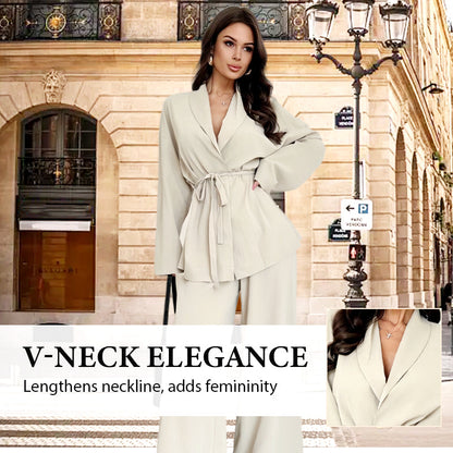 Women’s Elegant V-Neck Top & Wide-Leg Pants 2-Piece Set