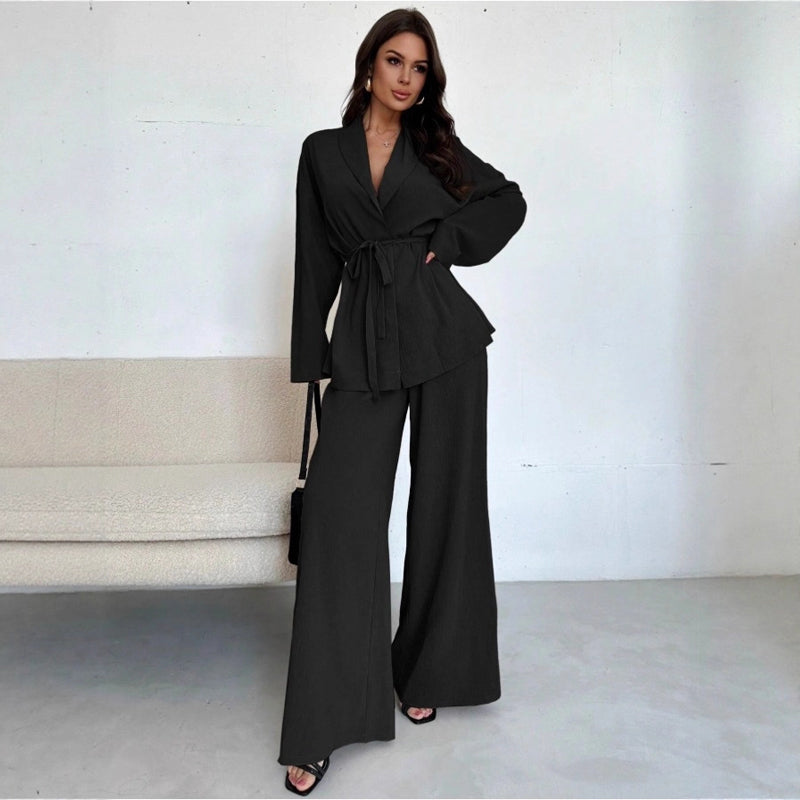 Women’s Elegant V-Neck Top & Wide-Leg Pants 2-Piece Set