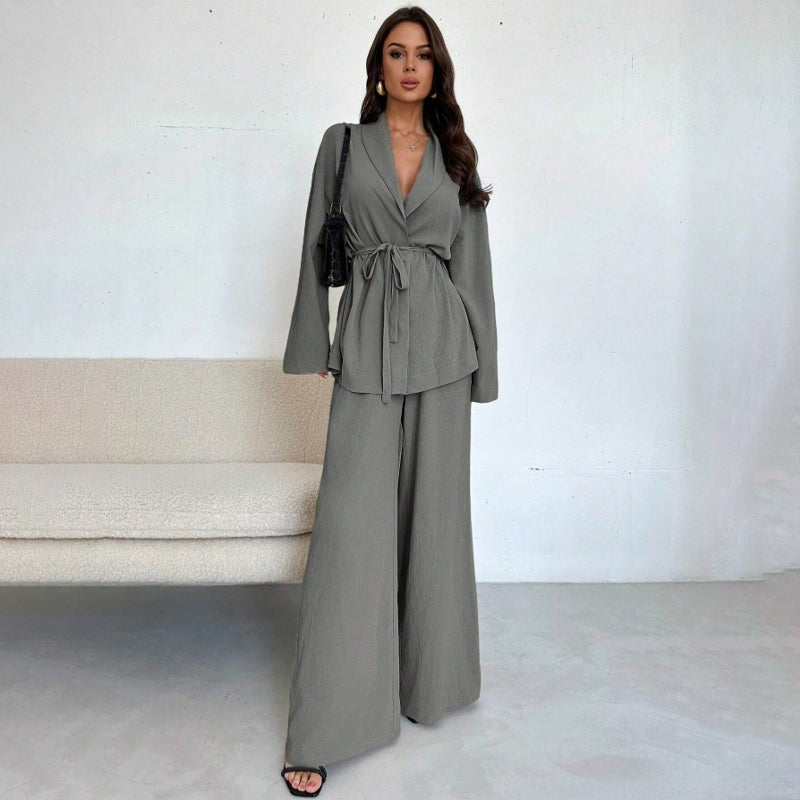 Women’s Elegant V-Neck Top & Wide-Leg Pants 2-Piece Set