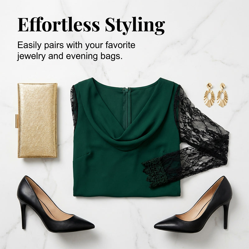 Elegant Cowl Neck A-Line Dress with Lace Sleeve