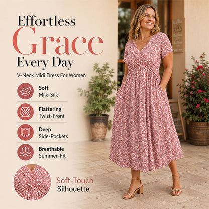 Women's Elegant V-Neck Floral Print Dress with pockets