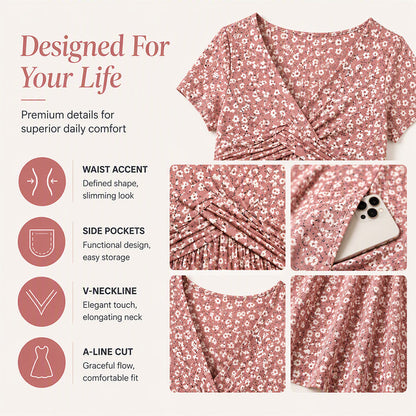 Women's Elegant V-Neck Floral Print Dress with pockets