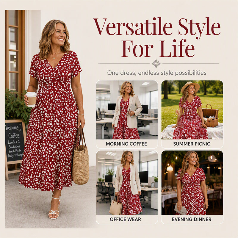 Women's Elegant V-Neck Floral Print Dress with pockets