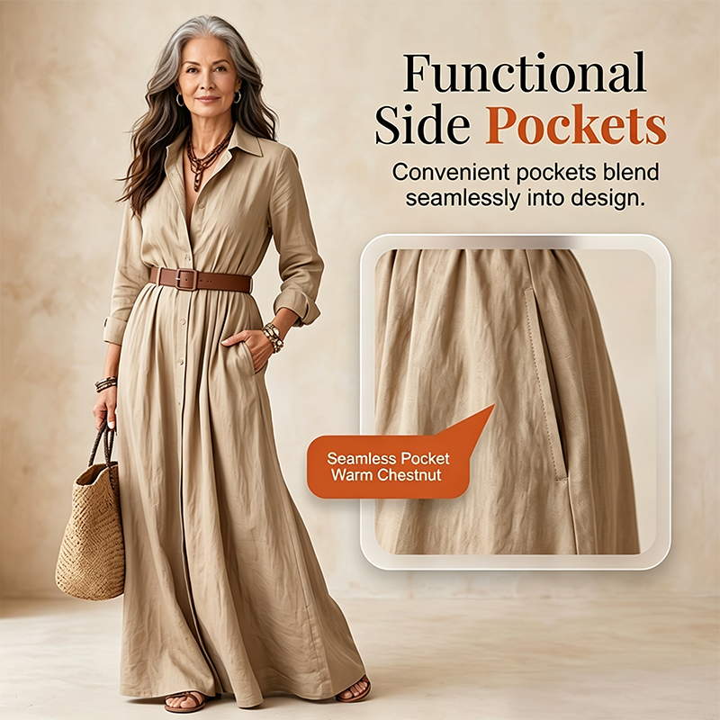 🌸Hot Sale 50% OFF💖Women Long Sleeve Shirt Maxi Dress with Belt Classic Turndown Collar Holiday Resort Long Dress