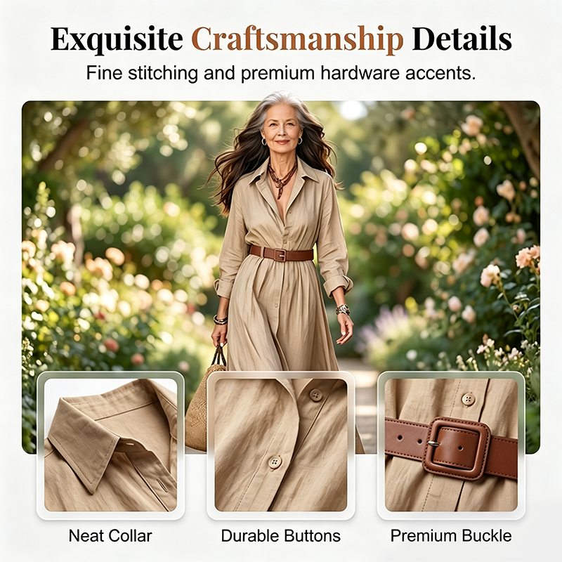 🌸Hot Sale 50% OFF💖Women Long Sleeve Shirt Maxi Dress with Belt Classic Turndown Collar Holiday Resort Long Dress