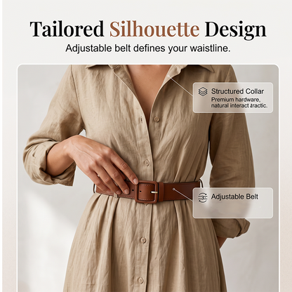 🌸Hot Sale 50% OFF💖Women Long Sleeve Shirt Maxi Dress with Belt Classic Turndown Collar Holiday Resort Long Dress