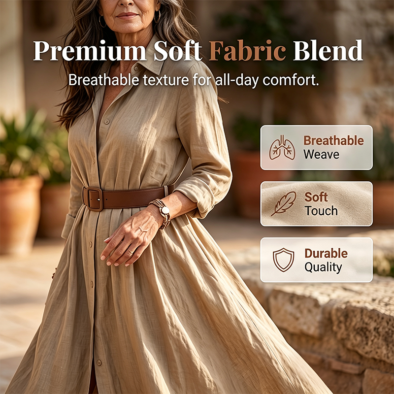🌸Hot Sale 50% OFF💖Women Long Sleeve Shirt Maxi Dress with Belt Classic Turndown Collar Holiday Resort Long Dress