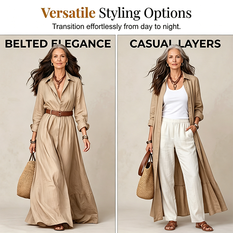 🌸Hot Sale 50% OFF💖Women Long Sleeve Shirt Maxi Dress with Belt Classic Turndown Collar Holiday Resort Long Dress