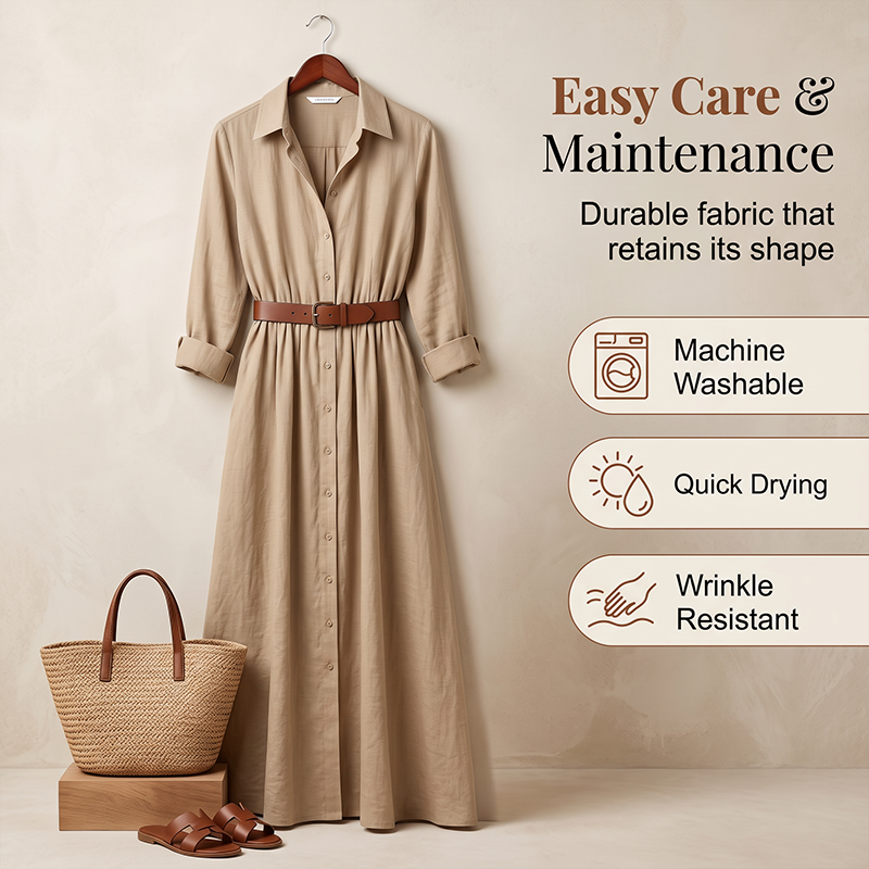 🌸Hot Sale 50% OFF💖Women Long Sleeve Shirt Maxi Dress with Belt Classic Turndown Collar Holiday Resort Long Dress