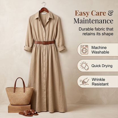 🌸Hot Sale 50% OFF💖Women Long Sleeve Shirt Maxi Dress with Belt Classic Turndown Collar Holiday Resort Long Dress