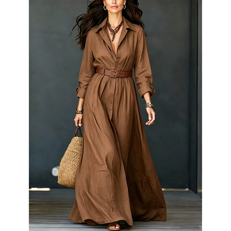 🌸Hot Sale 50% OFF💖Women Long Sleeve Shirt Maxi Dress with Belt Classic Turndown Collar Holiday Resort Long Dress