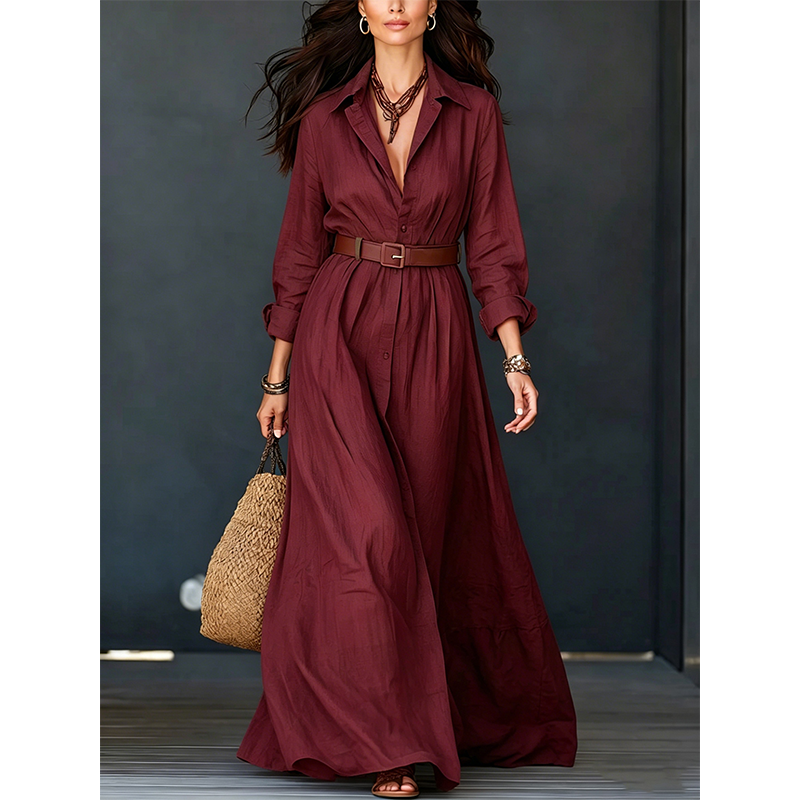 🌸Hot Sale 50% OFF💖Women Long Sleeve Shirt Maxi Dress with Belt Classic Turndown Collar Holiday Resort Long Dress