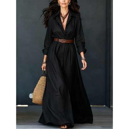 🌸Hot Sale 50% OFF💖Women Long Sleeve Shirt Maxi Dress with Belt Classic Turndown Collar Holiday Resort Long Dress