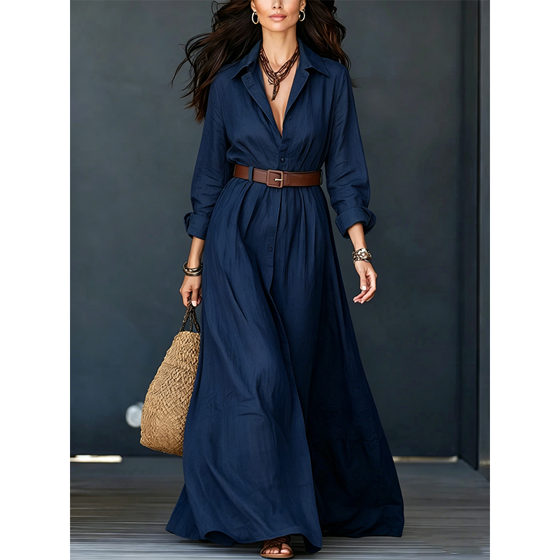 🌸Hot Sale 50% OFF💖Women Long Sleeve Shirt Maxi Dress with Belt Classic Turndown Collar Holiday Resort Long Dress