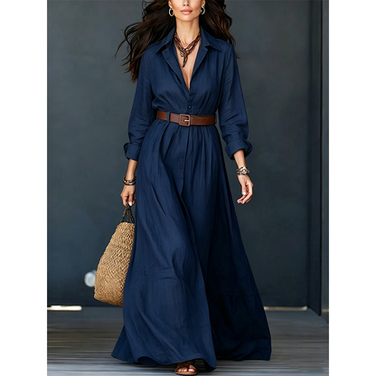 🌸Hot Sale 50% OFF💖Women Long Sleeve Shirt Maxi Dress with Belt Classic Turndown Collar Holiday Resort Long Dress