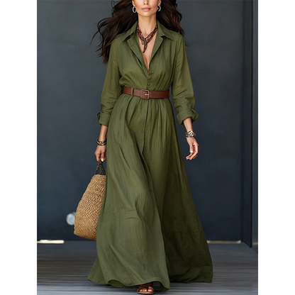 🌸Hot Sale 50% OFF💖Women Long Sleeve Shirt Maxi Dress with Belt Classic Turndown Collar Holiday Resort Long Dress