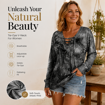 ☀️👚New Arrivals - V-Neck Tie-Dye Top with Lace-Up Detail – Soft Drape & Versatile Style for Any Casual Day
